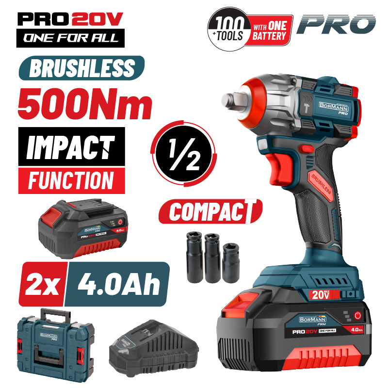BORMANN Pro BBP5422X44CA Μπουλονόκλειδο Compact Brushless Mπαταρίας 20V Li-Ion,500Nm,2x4Αh,Βαλίτσα