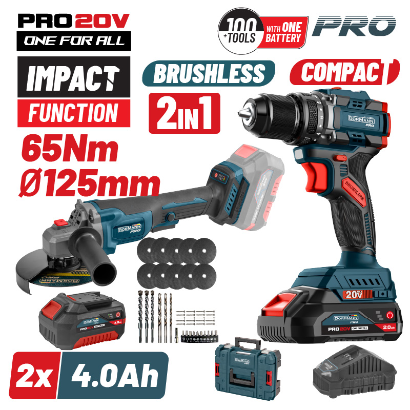 BORMANN Pro BBP5433X44T2CA Σετ Compact Brushless Κρουστικό Δραπαν/βιδο 65Νm & Γωνιακός Τροχός,ΒMC