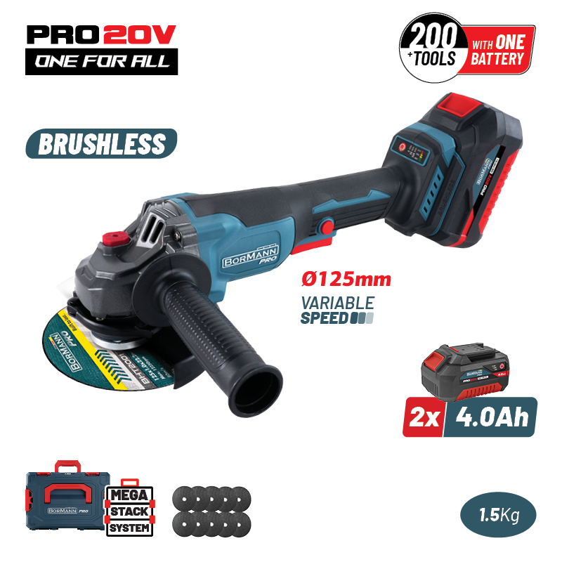 BORMANN Pro BBP3651X44CA Γωνιακός Τροχός Brushless Ρυθμιζόμενος 20V, 3000/5400/8000rpm, 2×4.0Ah